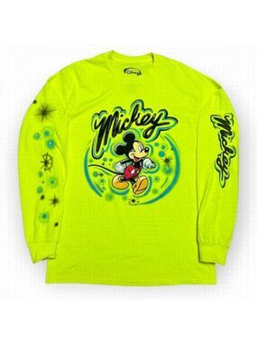 Disney Mickey Mouse Neon Green Airbrush Long Sleeve Tee Shirt - Mens Small